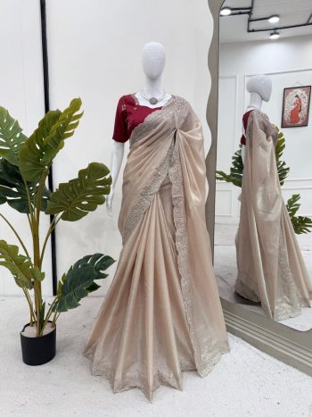 FASHIONABLE JIMMY CHOO THREAD SEQUENCE WORK SAREE WITH UNSTITCHED BLOUSE CREAM