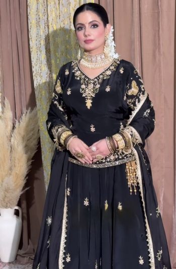 FASHIONABLE NATURAL CREPE SILK EMBROIDERY SEQUENCE ZARI WORK TOP LEHENGA WITH DUPATTA BLACK