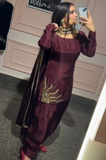 FASHIONABLE NATURAL CREPE SILK SEQUENCE HAND WORK TOP PATIYALA WITH DUPATTA MAROON