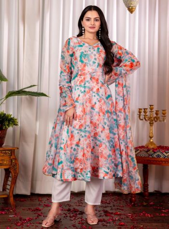 FASHIONABLE ORGANZA DIGITAL PRINTED FLAIRED GOWN BOTTOM WITH DUPATTA WHITE