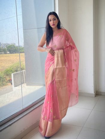 FASHIONABLE ORGANZA HANDCRAFTED MULTI THREAD ZARI WORK SAREE WITH UNSTITCHED BLOUSE  PEACH