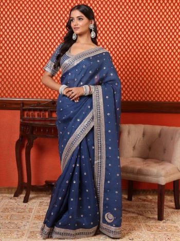 FASHIONABLE ORGANZA SILVER CODING SEQUENCE WORK SAREE WITH UNSTITCHED BLOUSE BLUE