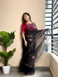 FASHIONABLE ORGANZA THREAD MOTI ARC BORDER SAREE WITH VELVET HEAVY WMOTI WORK STITCHED BLOUSE PARTY WEAR WHOLESALE PRICE ETHNIC GARMENT (10)