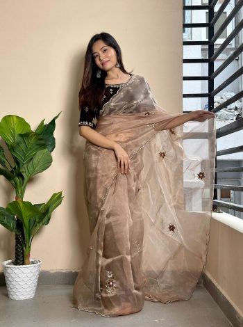 FASHIONABLE ORGANZA THREAD MOTI ARC BORDER SAREE WITH VELVET HEAVY MOTI WORK STITCHED BLOUSE CREAM