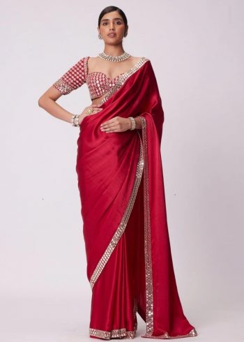 FASHIONABLE RANGOLI SILK EMBROIDERY MIRROR WORK SAREE WITH UNSTITCHED BLOUSE  RED