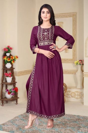 FASHIONABLE RAYON FOIL PRINTED LONG KURTI WINE