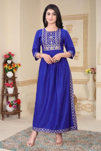 FASHIONABLE RAYON FOIL PRINTED LONG KURTI BLUE
