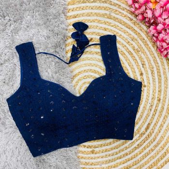 FASHIONABLE RAYON THREAD SEQUENCE WORK READY TO WEAR STITCHED BLOUSE NAVY BLUE