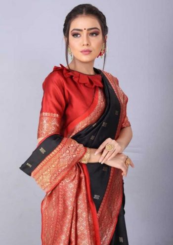 FASHIONABLE SOFT LICHI SILK JACQUARD WORK SAREE WITH UNSTITCHED BLOUSE BLACK