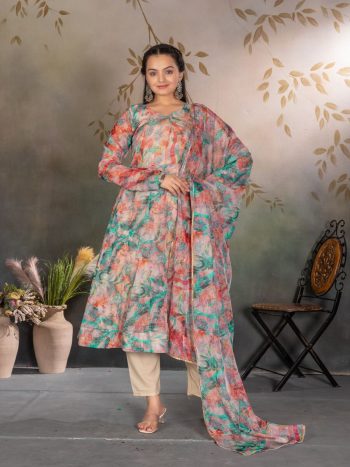 FASHIONABLE SOFT ORGANZA SILK DIGITAL PRINTED FLAIRED GOWN BOTTOM WITH DUPATTA MULTI