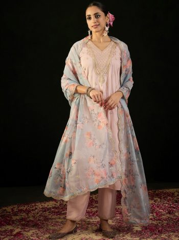 FASHIONABLE SOFT SILK DIGITAL PRINT WITH  HAND EMBROIDERY WORK TOP BOTTOM WITH DUPATTA PEACH