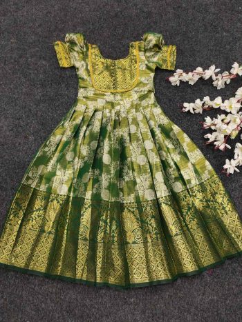 FASHIONABLE SOFT SILK ZARI WEAVING EMBROIDERY WORK KID'S GOWN PARROT GREEN
