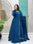 FASHIONABLE SOFT SPACE SILK SWAROVSKI DIAMOND WORK GOWN WITH DUPATTA BLUE