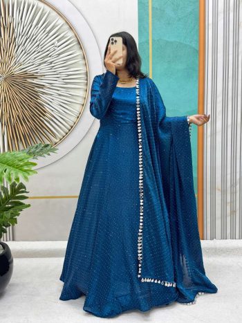 FASHIONABLE SOFT SPACE SILK SWAROVSKI DIAMOND WORK GOWN WITH DUPATTA BLUE