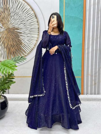 FASHIONABLE SOFT SPACE SILK SWAROVSKI DIAMOND WORK GOWN WITH DUPATTA NAVY BLUE