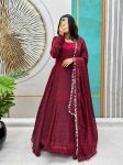 FASHIONABLE SOFT SPACE SILK SWAROVSKI DIAMOND WORK GOWN WITH DUPATTA MAROON
