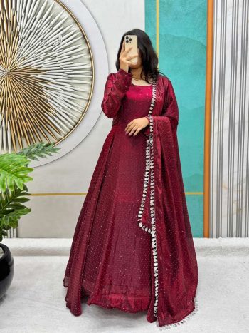 FASHIONABLE SOFT SPACE SILK SWAROVSKI DIAMOND WORK GOWN WITH DUPATTA MAROON