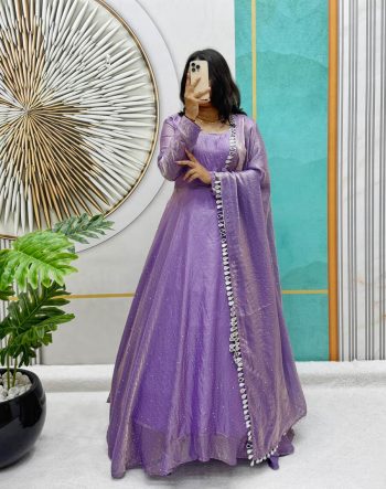 FASHIONABLE SOFT SPACE SILK SWAROVSKI DIAMOND WORK GOWN WITH DUPATTA LAVENDER