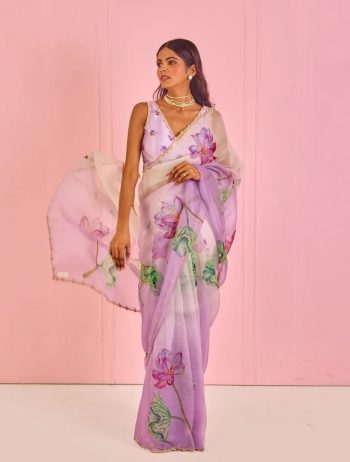 FASHIONABLE TABBY ORGANZA DIGITAL PRINTED HANDWORK SAREE WITH UNSTITCHED BLOUSE ONION