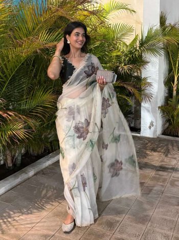 FASHIONABLE TABBY ORGANZA DIGITAL PRINTED HANDWORK SAREE WITH UNSTITCHED BLOUSE WHITE