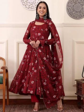 FASHIONABLE WEIGHTLESS DIGITAL PRINTED ANARKALI GOWN BOTTOM WITH DUPATTA MAROON