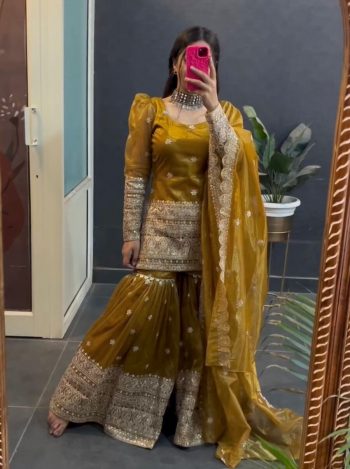 FASHUONABLE TWILL NET EMBROIDERY SEQUENCE WORK TOP SHARARA WITH DUPATTA YELLOW