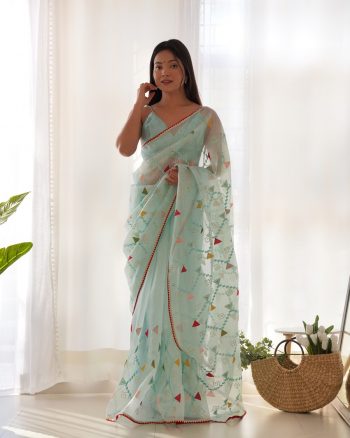 GEORGEOUS KHADI ORGANZA SILK EMBROIDERY WORK SAREE WITH UNSTITCHED BLOUSE SKY