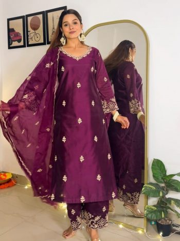 LATEST CHANDERI SILK EMBROIDERY THREAD WORK TOP BOTTOM WITH DUPATTA WINE
