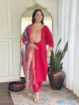 LATEST CHANDERI SILK SEQUENCE CODING EMBROIDERY WORK TOP BOTTOM WITH DUPATTA RED