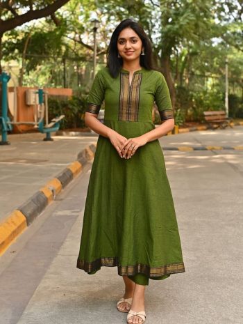 LATEST CHANDERI SILK WEAVING ZARI JACQUARD LACE WORK ANARKALI TOP WITH PENT SET MEHNDI