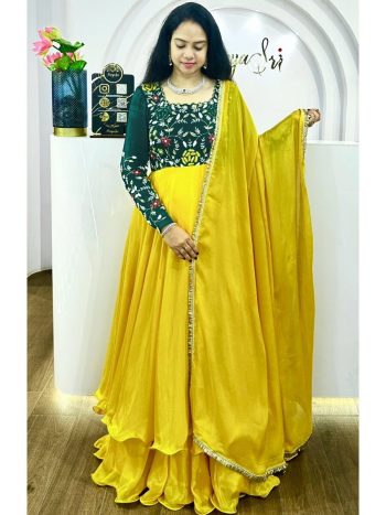 LATEST CHINON EMBROIDERY CODING  THREAD SEQUENCE WORK GOWN WITH DUPATTA YELLOW