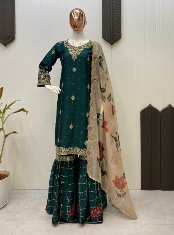 LATEST CHINON SEQUANCE EMBROIDERY WORK TOP SHARARA WITH DUPATTA GREEN