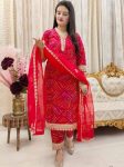LATEST COTTON BANDHANI PRINT EMBROIDERY LACE WORK TOP BOTTOM WITH DUPATTA RED