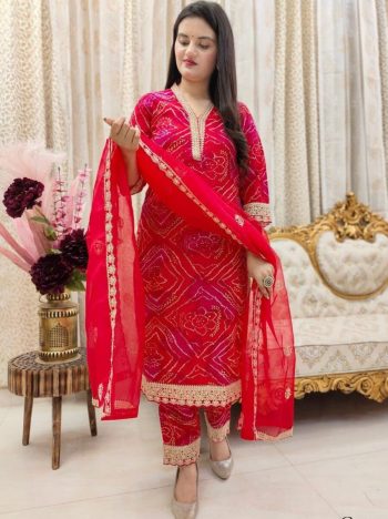 LATEST COTTON BANDHANI PRINT EMBROIDERY LACE WORK TOP BOTTOM WITH DUPATTA RED