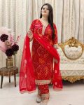 LATEST COTTON BANDHANI PRINT EMBROIDERY LACE WORK TOP BOTTOM WITH DUPATTA PARTY WEAR WHOLESALE PRICE ETHNIC GARMENT (3)