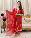 LATEST COTTON BANDHANI PRINT EMBROIDERY LACE WORK TOP BOTTOM WITH DUPATTA PARTY WEAR WHOLESALE PRICE ETHNIC GARMENT (3)