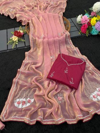 LATEST FANDY SATIN SILK HAND WORK SAREE WITH UNSTITCHED BLOUSE PEACH