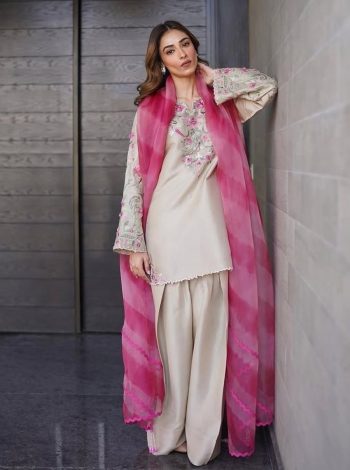 LATEST FRENCH CREEP EMBROIDERY WORK TOP PATIYALA WITH DUPATTA  CREAM