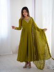 LATEST GEORGETTE EMBROIDERY BEADS JARI WORK ANARKALI GOWN BOTTOM WITH DUPATTA PARROT GREEN
