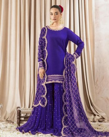 LATEST GEORGETTE EMBROIDERY SEQUENCE TOP SHARARA WITH DUPATTA PURPLE