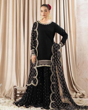 LATEST GEORGETTE EMBROIDERY SEQUENCE TOP SHARARA WITH DUPATTA BLACK