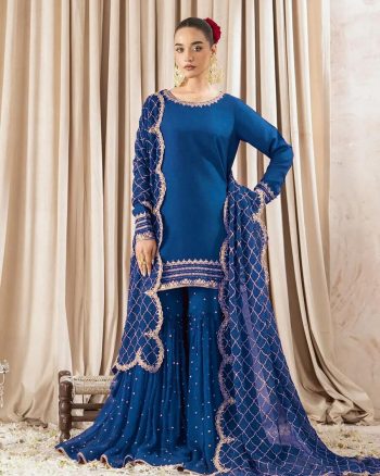 LATEST GEORGETTE EMBROIDERY SEQUENCE TOP SHARARA WITH DUPATTA BLUE