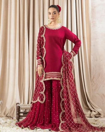 LATEST GEORGETTE EMBROIDERY SEQUENCE TOP SHARARA WITH DUPATTA MAROON