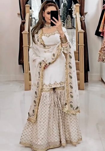 LATEST GEORGETTE EMBROIDERY SEQUENCE WORK TOP SHARARA WITH DUPATTA WHITE