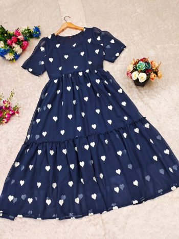 LATEST GEORGETTE EMBROIDERY WHITE HEART DESIGN ONE PIECE NAVY BLUE