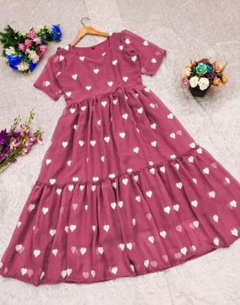 LATEST GEORGETTE EMBROIDERY WHITE HEART DESIGN ONE PIECE PINK