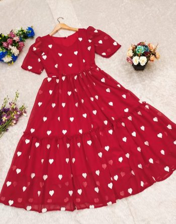 LATEST GEORGETTE EMBROIDERY WHITE HEART DESIGN ONE PIECE RED