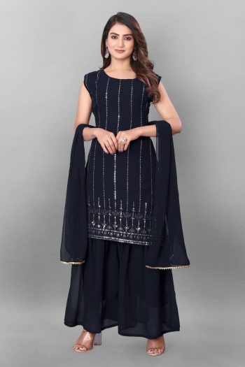 LATEST GEORGETTE EMBROIDERY WORK TOP SHARARA WITH DUPATTA  NAVY BLUE