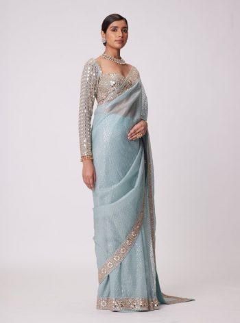 LATEST GEORGETTE SEQUENCE CODING WORK SAREE WITH UNSTITCHED BLOUSE SKY