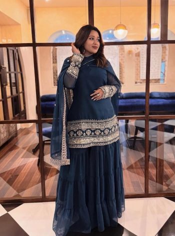 LATEST GEORGETTE SEQUENCE ZARI EMBROIDERY TOP RUFFLED SHARARA WITH DUPATTA BLUE